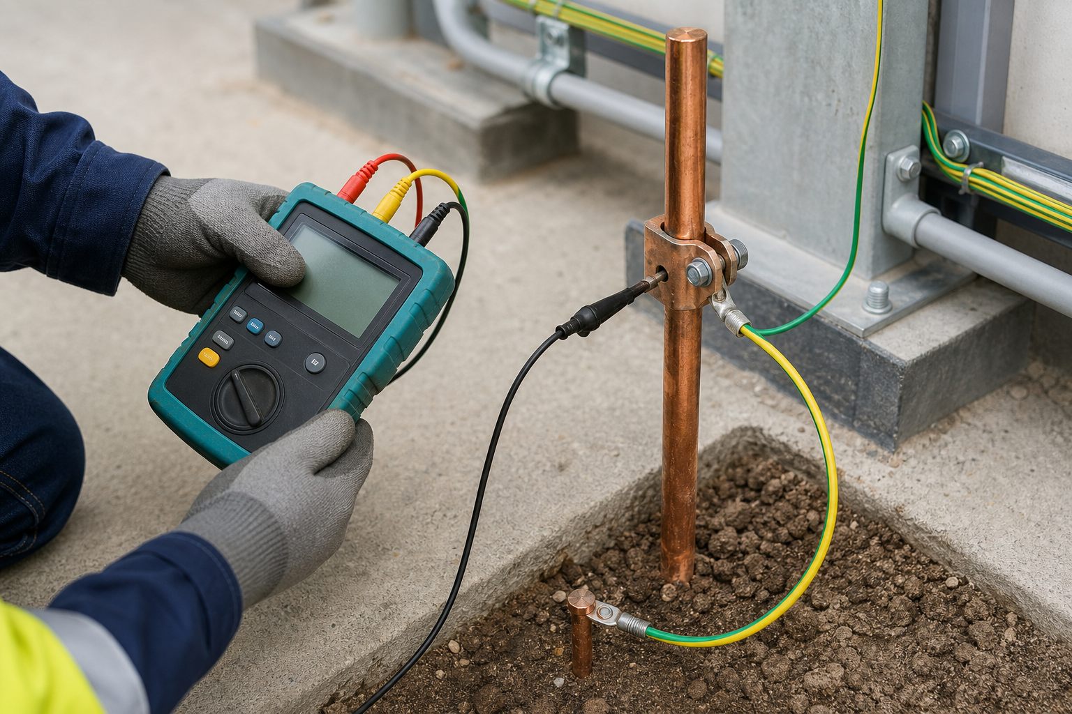 Teknisi mengukur grounding system dengan earth tester